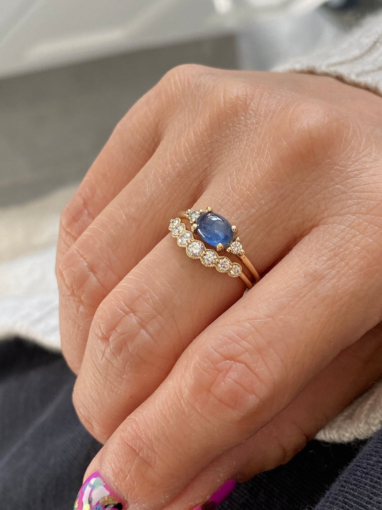 Oval Blue Sapphire Ring 2.0, three stone ring, blue sapphire and diamond ring, 14k gold sapphire ring, east west ring