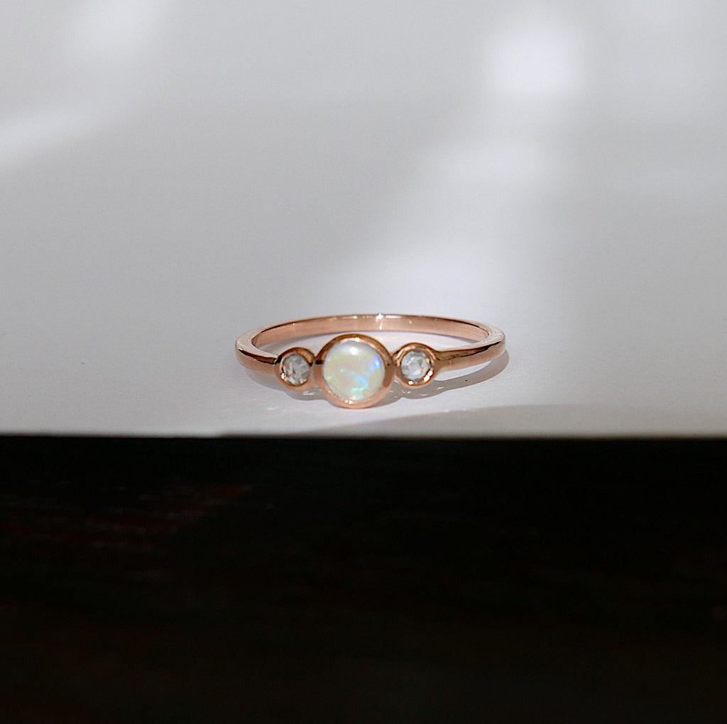 3 Stone Opal Ring, three stone bezel ring, rose cut sapphire ring, 14k gold rosecut sapphire ring, opal ring