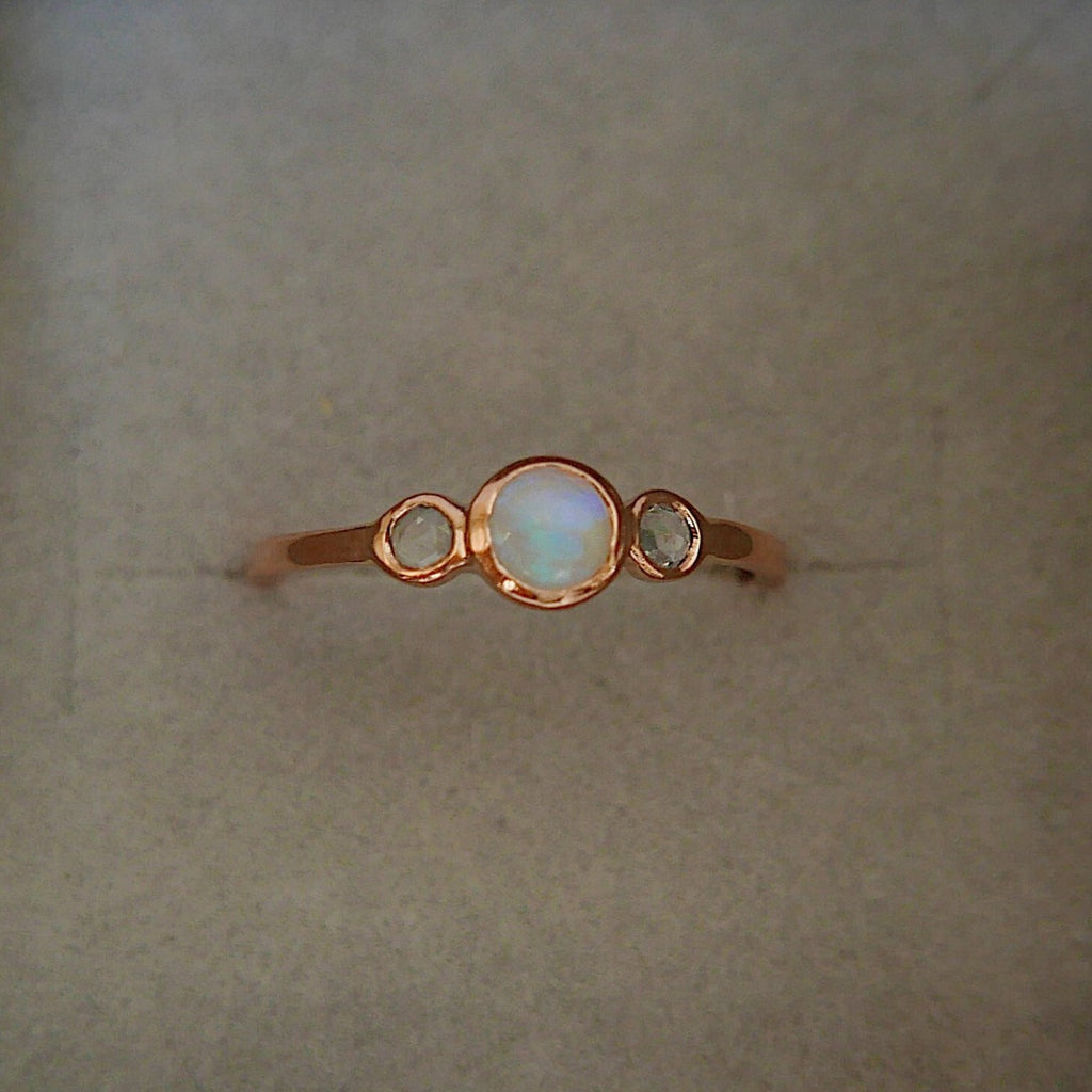 3 Stone Opal Ring, three stone bezel ring, rose cut sapphire ring, 14k gold rosecut sapphire ring, opal ring