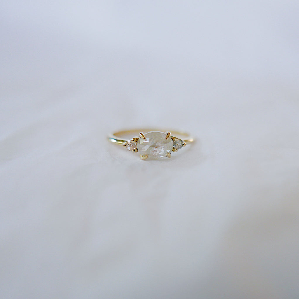 Oval Rose Cut Diamond Ring 2.0, three stone ring, rose cut diamond ring, 14k gold diamond ring, east west ring