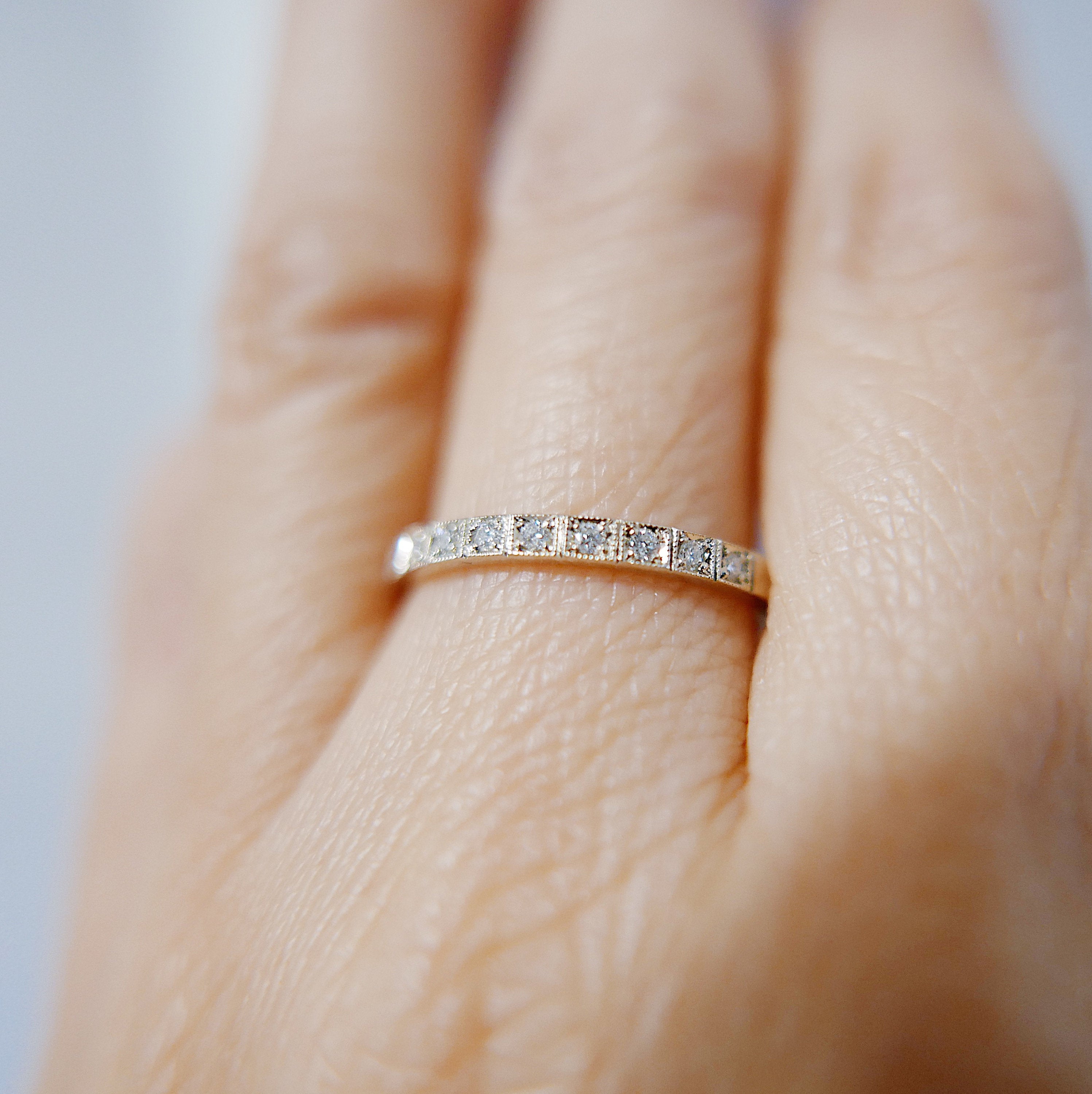 Requited Love Diamond Half Eternity Band, hand engraved diamond ring, wedding band, infinity Geometric ring, vintage inspired band