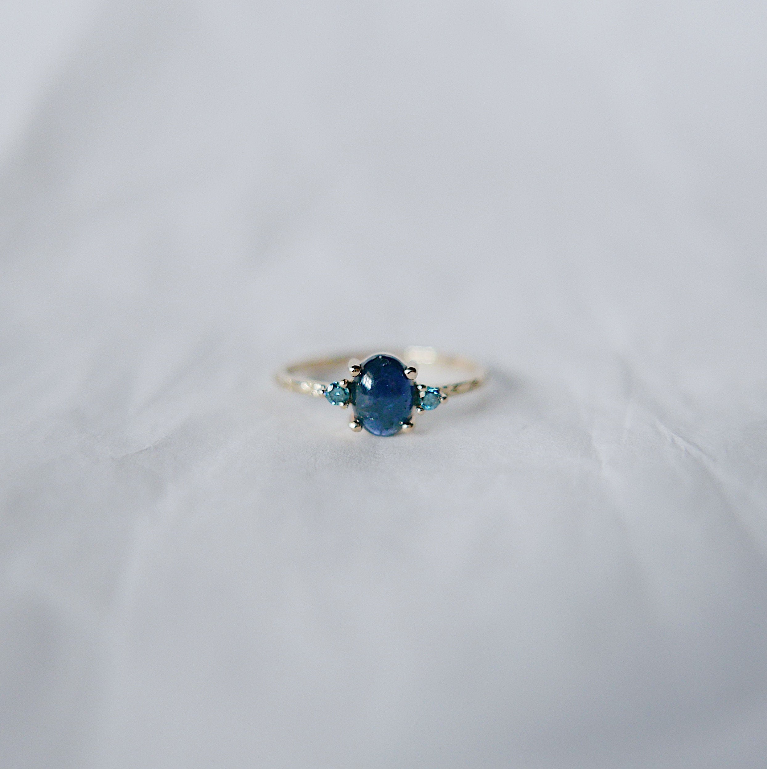 Nebula Blue Sapphire Oval Ring, OOAK, blue diamond ring, one of a kind, unique engagement ring, blue three stone hand engraved ring