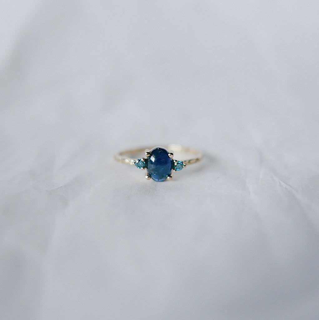 Nebula Blue Sapphire Oval Ring, OOAK, blue diamond ring, one of a kind, unique engagement ring, blue three stone hand engraved ring