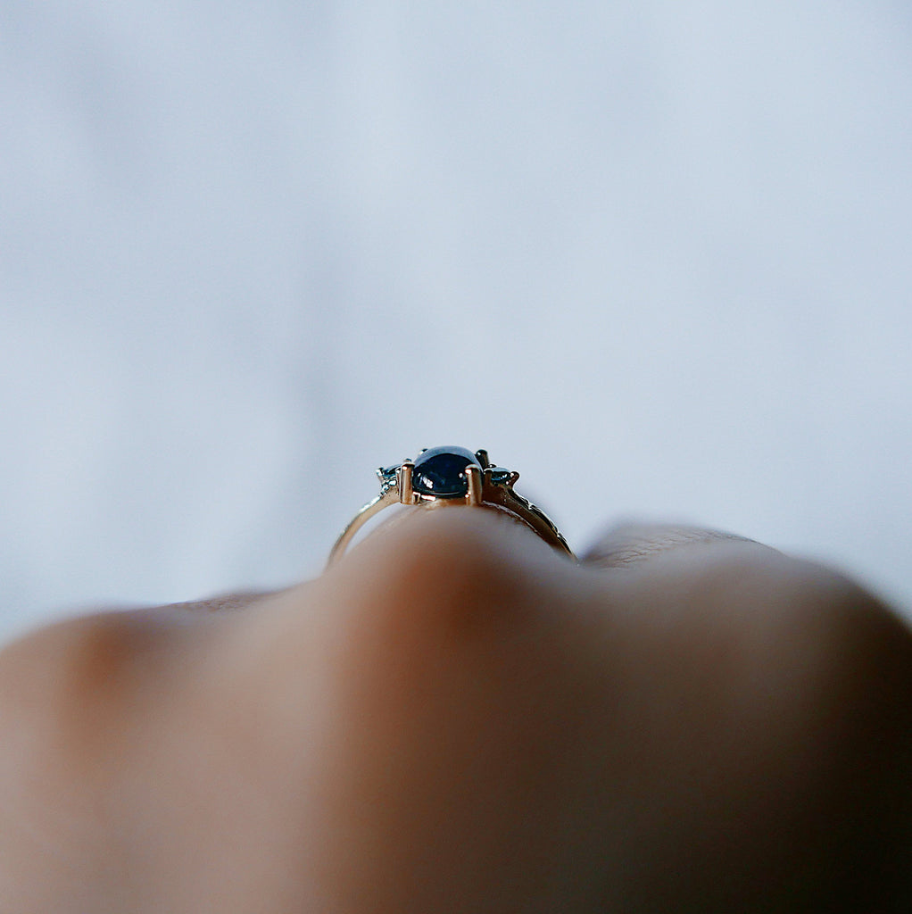 Nebula Blue Sapphire Oval Ring, OOAK, blue diamond ring, one of a kind, unique engagement ring, blue three stone hand engraved ring