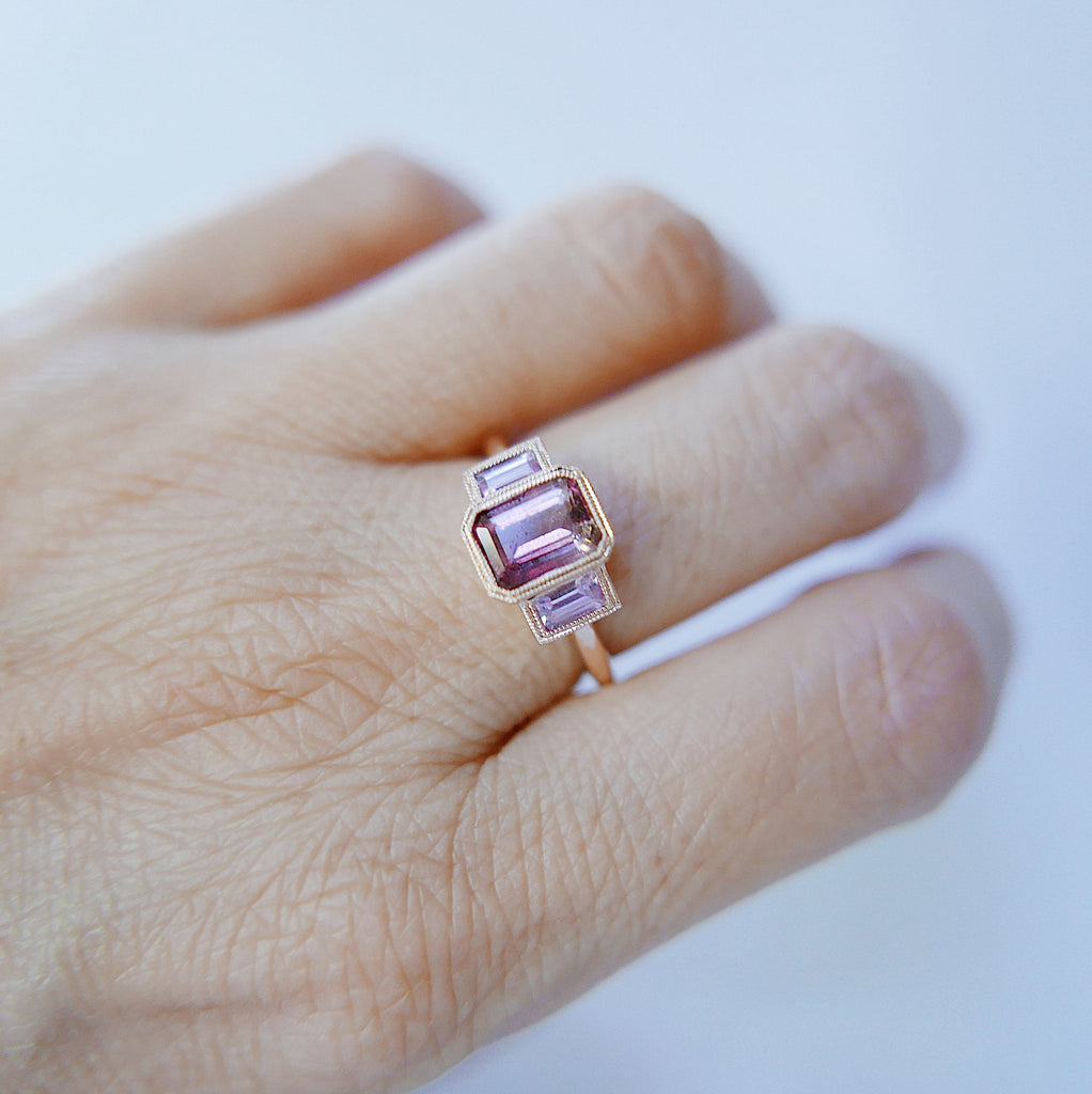 Charlotte Three Stone Tourmaline Ring, Tourmaline ring, tourmaline and sapphire ring, Pink stone wedding ring, classic engagement ring, ooak