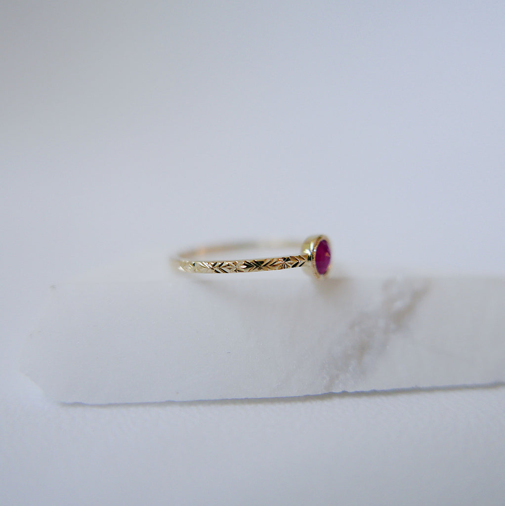 Juliette Ruby Ring, ruby solitaire ring, gold bezel stone ring, 14k gold ruby ring, gold hand engraved band, ooak, rose cut ruby ring