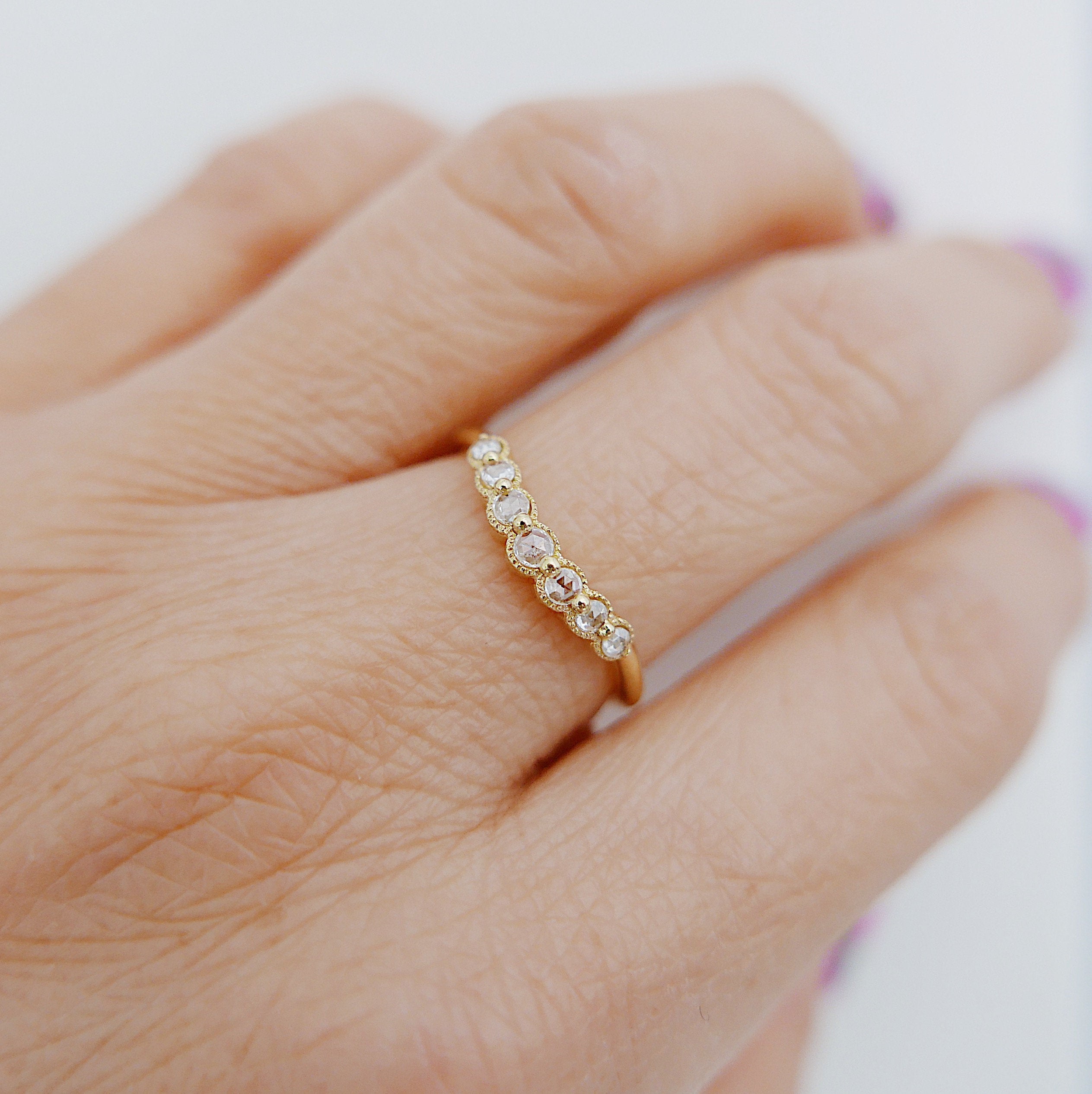 Milgrain Diamond Arc Ring Small, Monet rosecut diamond nesting ring small, 14k gold arc ring, delicate wedding ring, stacking ring