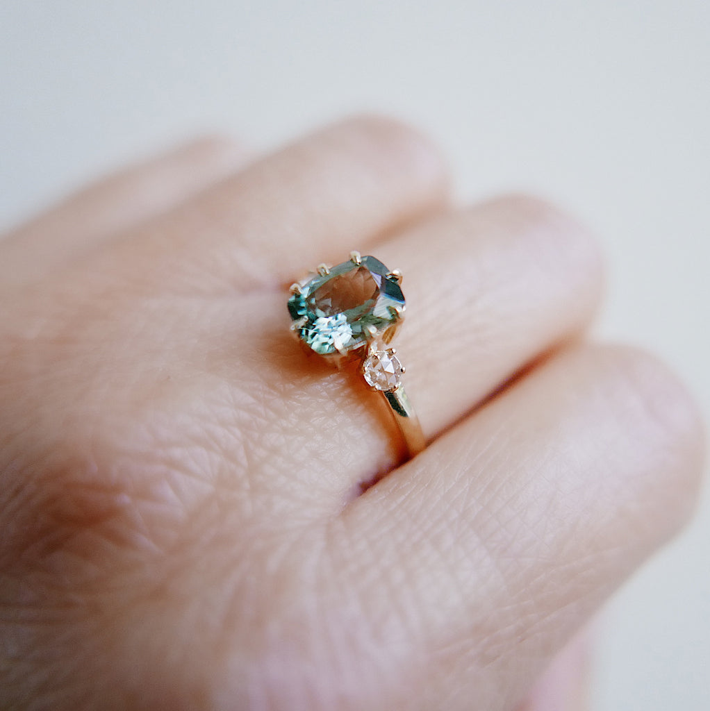 Maude Three Stone OOAK Tourmaline Ring, Cushion cut tourmaline and rosecut diamond ring,  green stone wedding ring, classic engagement ring