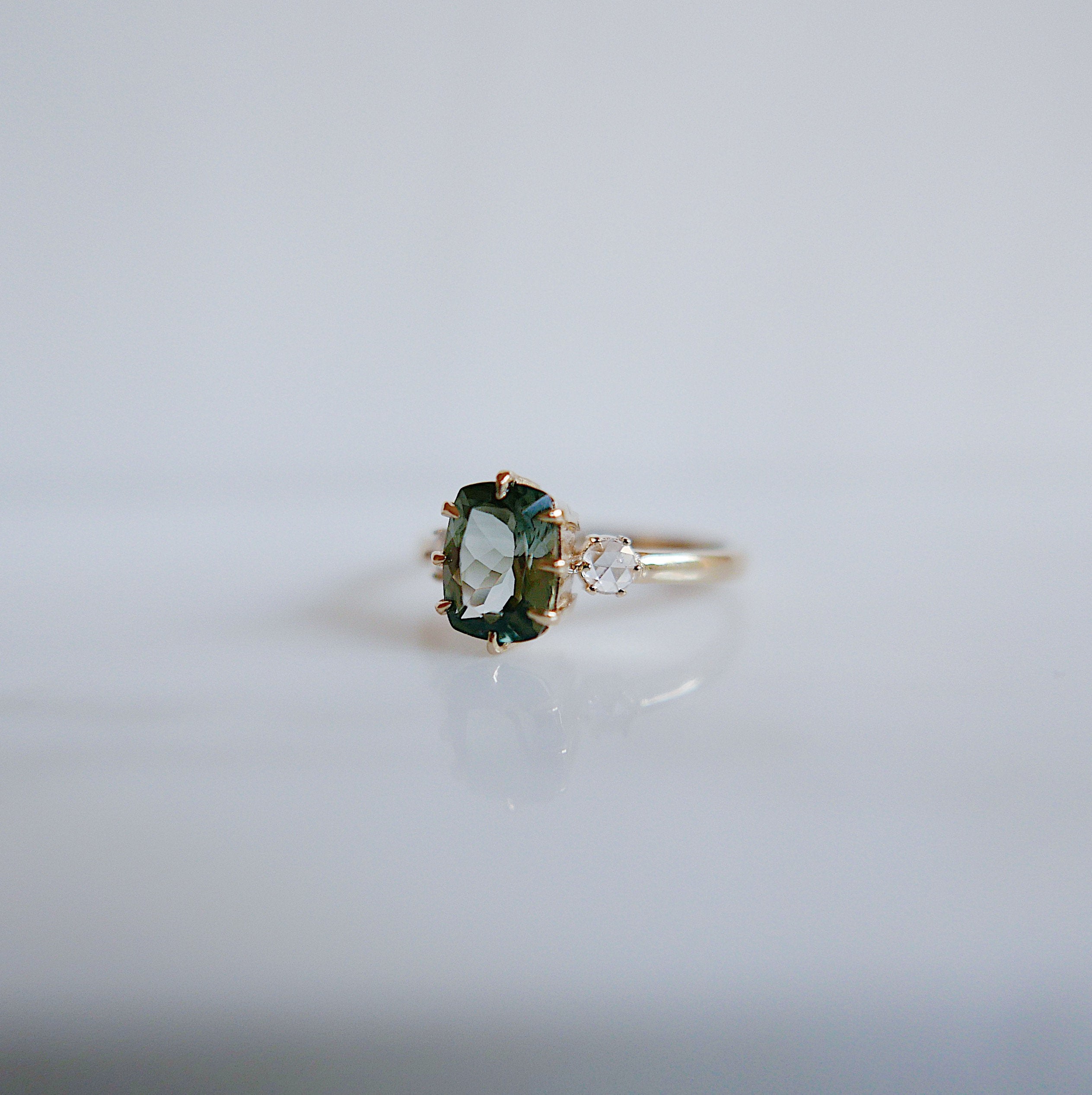 Maude Three Stone OOAK Tourmaline Ring, Cushion cut tourmaline and rosecut diamond ring,  green stone wedding ring, classic engagement ring