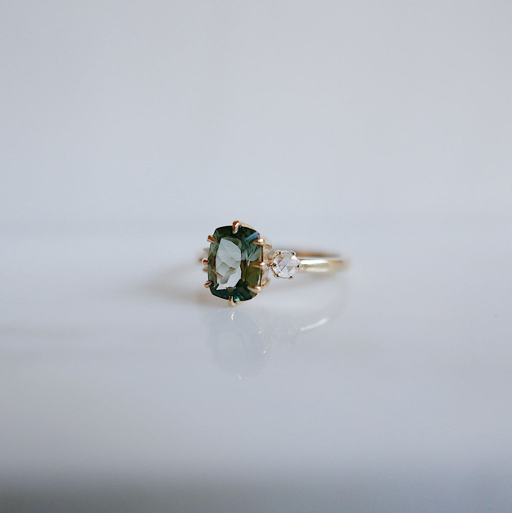 Maude Three Stone OOAK Tourmaline Ring, Cushion cut tourmaline and rosecut diamond ring,  green stone wedding ring, classic engagement ring