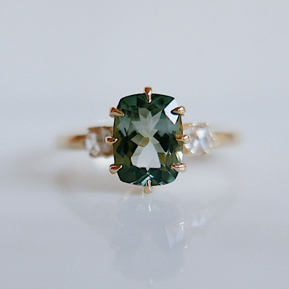 Maude Three Stone OOAK Tourmaline Ring, Cushion cut tourmaline and rosecut diamond ring,  green stone wedding ring, classic engagement ring