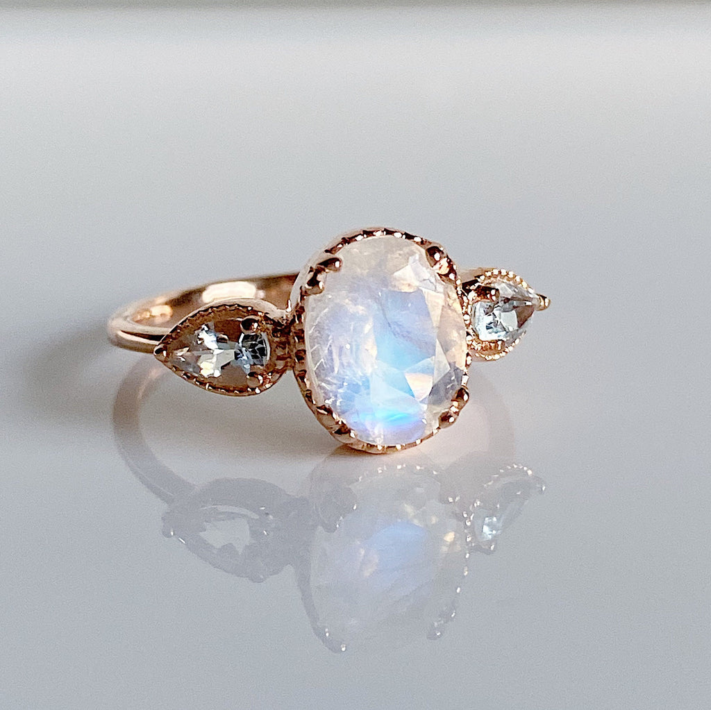 New Dawn Moonstone and Aquamarine ring, Oval Moonstone Ring with Pear aquamarine Side Stones, three stone moonstone ring
