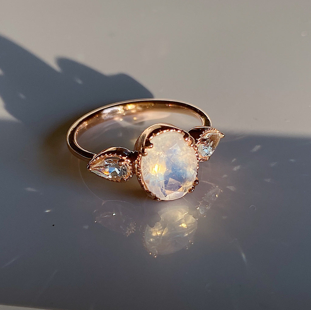 New Dawn Moonstone and Aquamarine ring, Oval Moonstone Ring with Pear aquamarine Side Stones, three stone moonstone ring