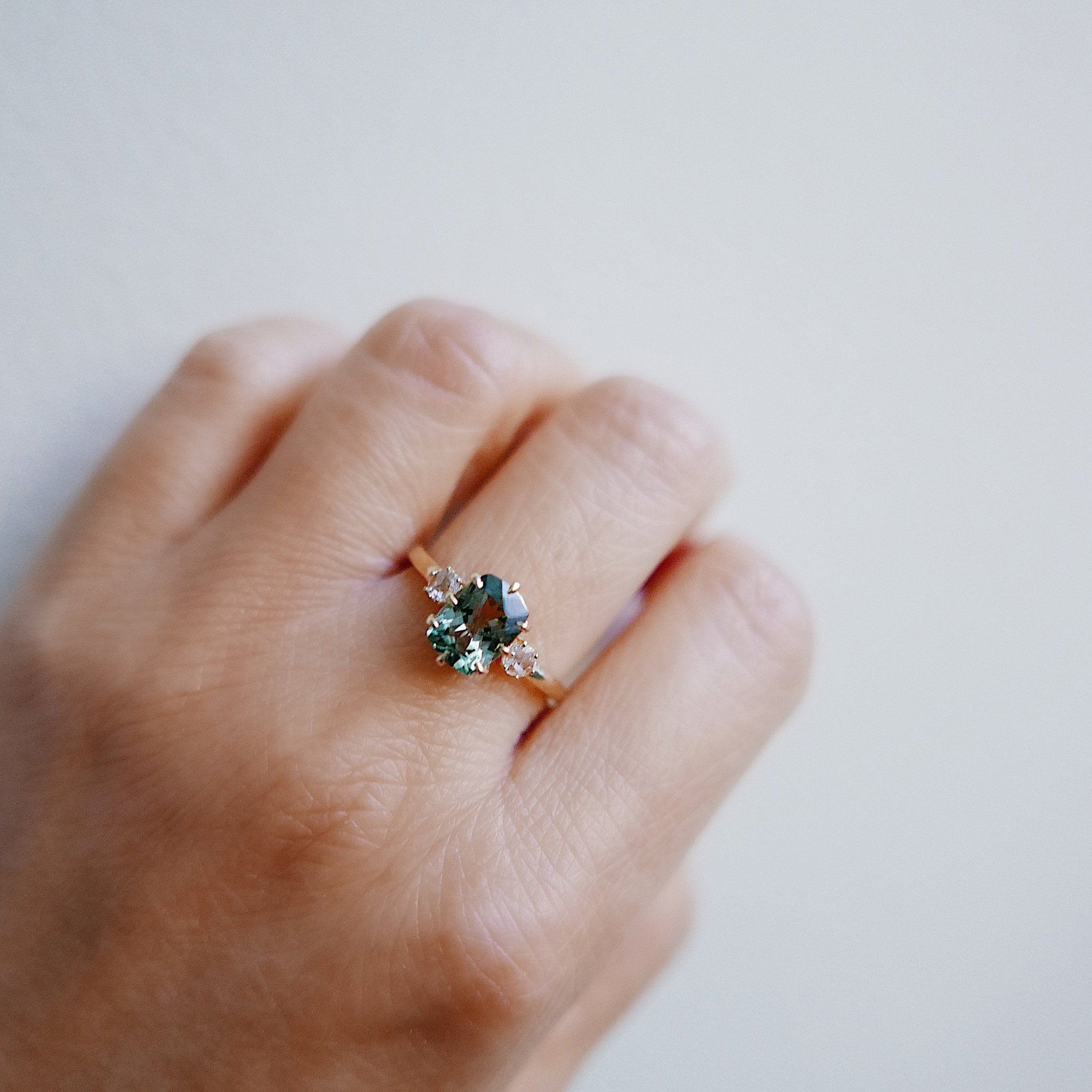 Maude Three Stone OOAK Tourmaline Ring, Cushion cut tourmaline and rosecut diamond ring,  green stone wedding ring, classic engagement ring