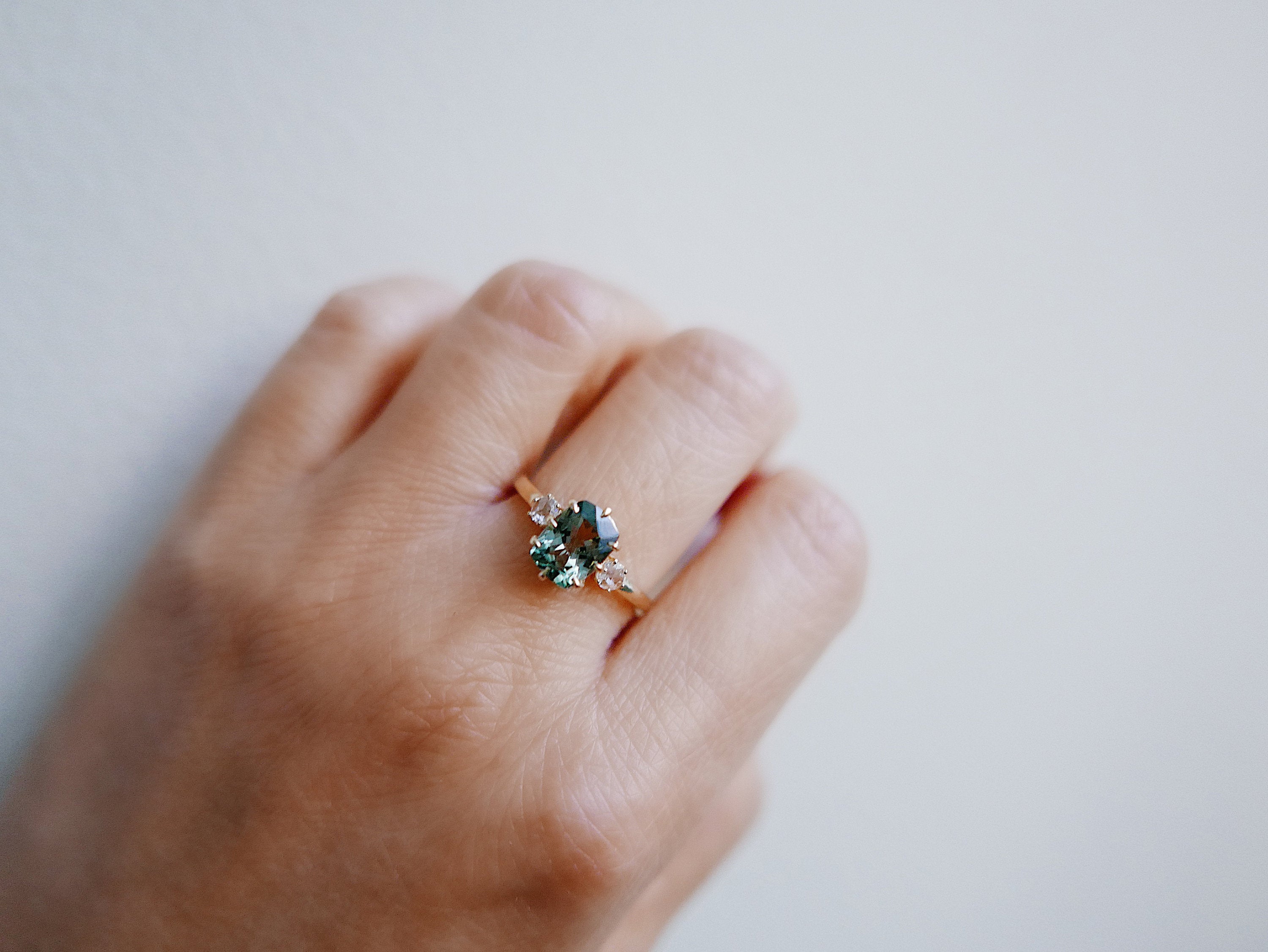 Maude Three Stone OOAK Tourmaline Ring, Cushion cut tourmaline and rosecut diamond ring,  green stone wedding ring, classic engagement ring