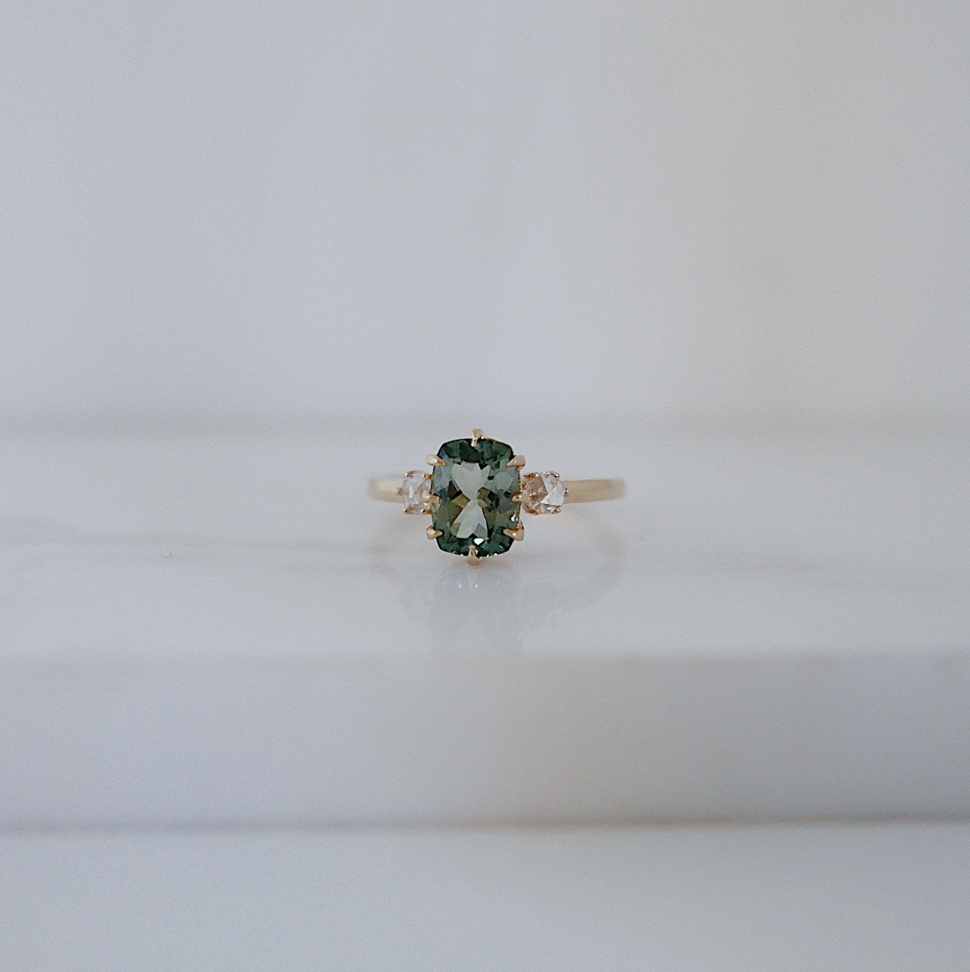 Maude Three Stone OOAK Tourmaline Ring, Cushion cut tourmaline and rosecut diamond ring,  green stone wedding ring, classic engagement ring