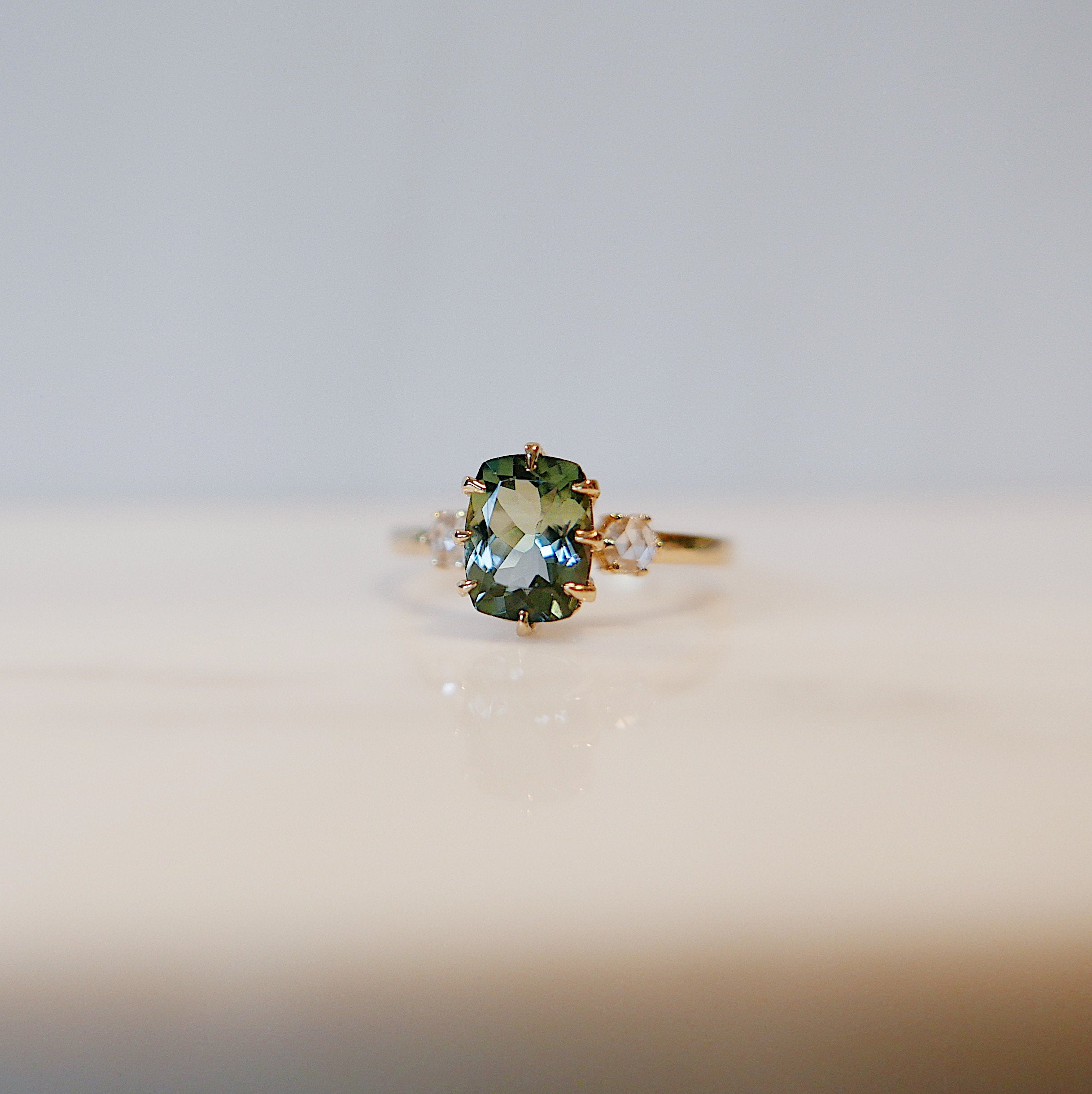 Maude Three Stone OOAK Tourmaline Ring, Cushion cut tourmaline and rosecut diamond ring,  green stone wedding ring, classic engagement ring
