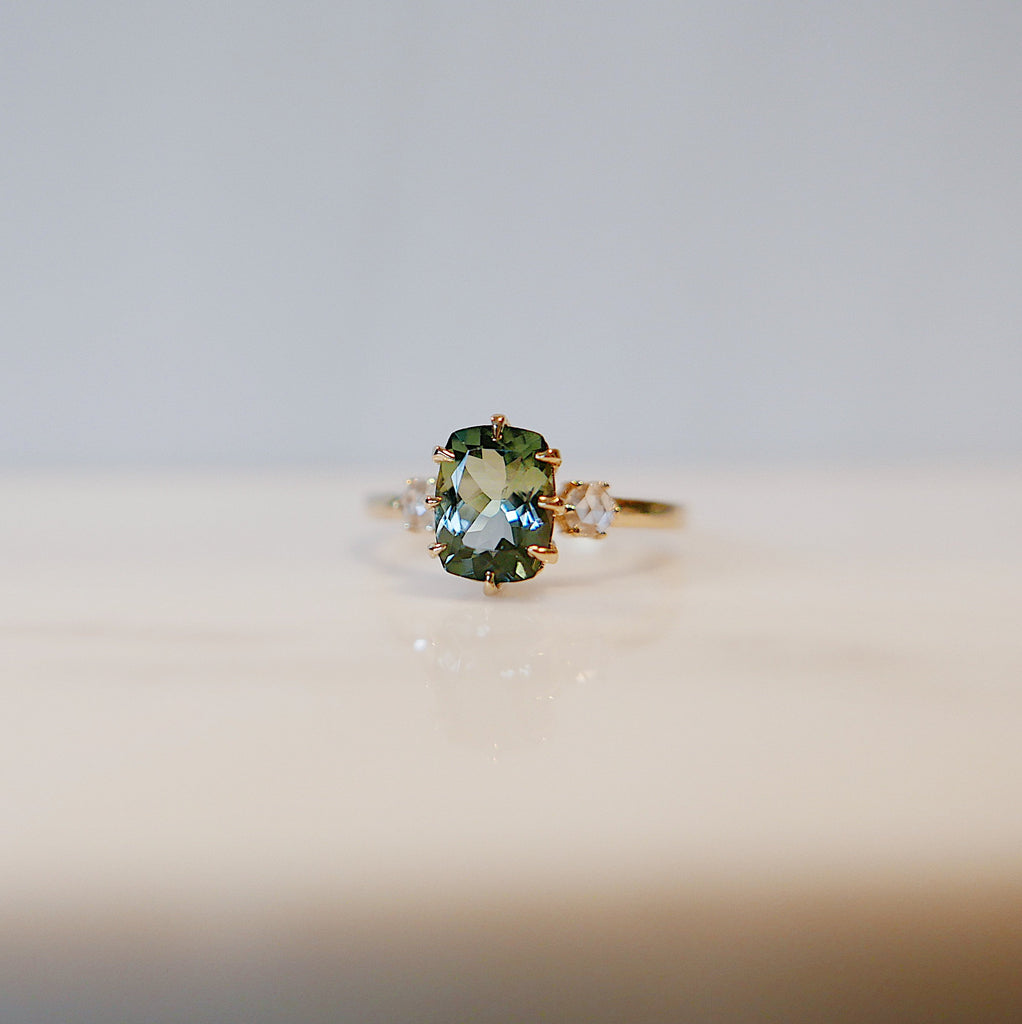 Maude Three Stone OOAK Tourmaline Ring, Cushion cut tourmaline and rosecut diamond ring,  green stone wedding ring, classic engagement ring