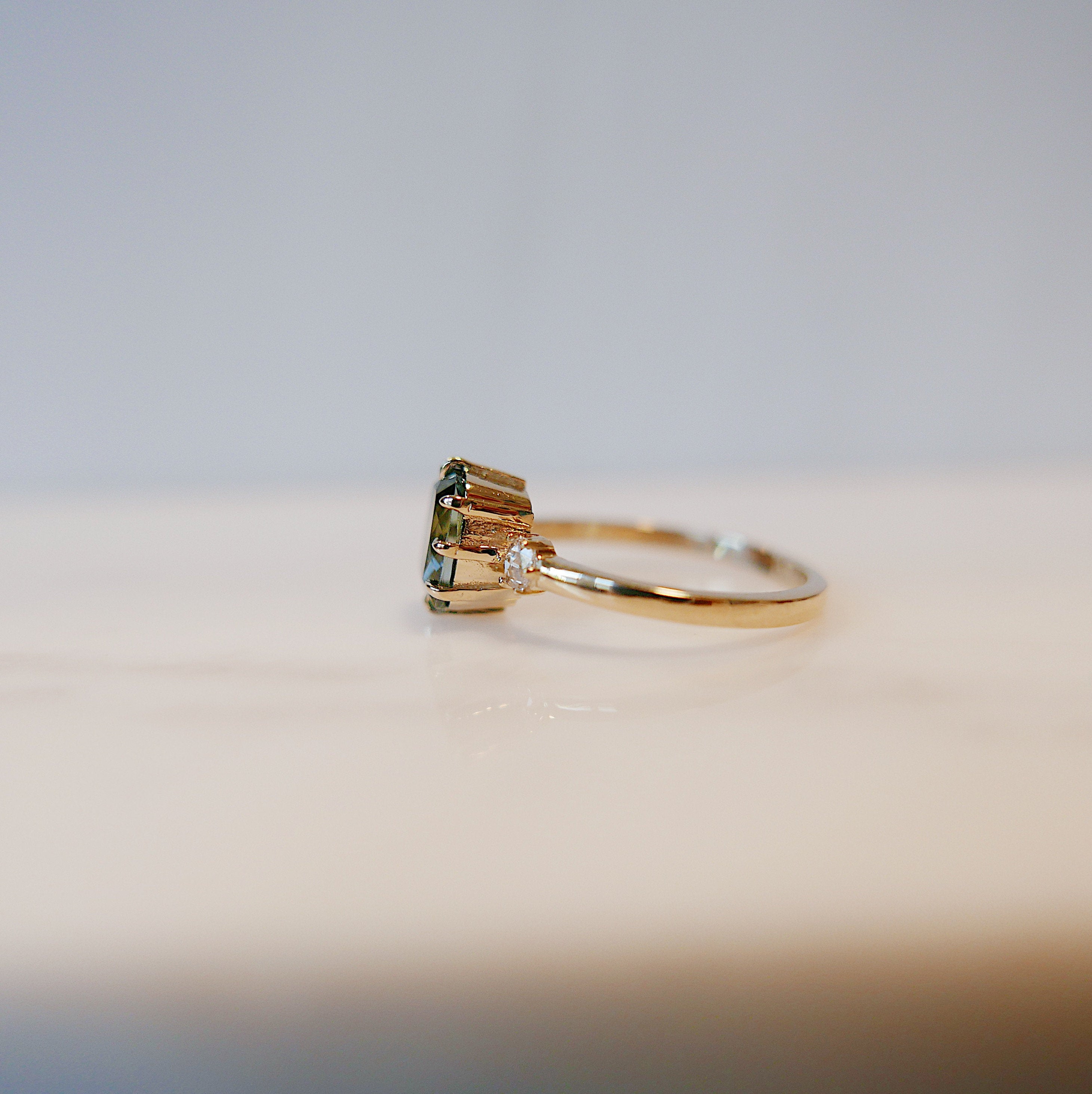 Maude Three Stone OOAK Tourmaline Ring, Cushion cut tourmaline and rosecut diamond ring,  green stone wedding ring, classic engagement ring