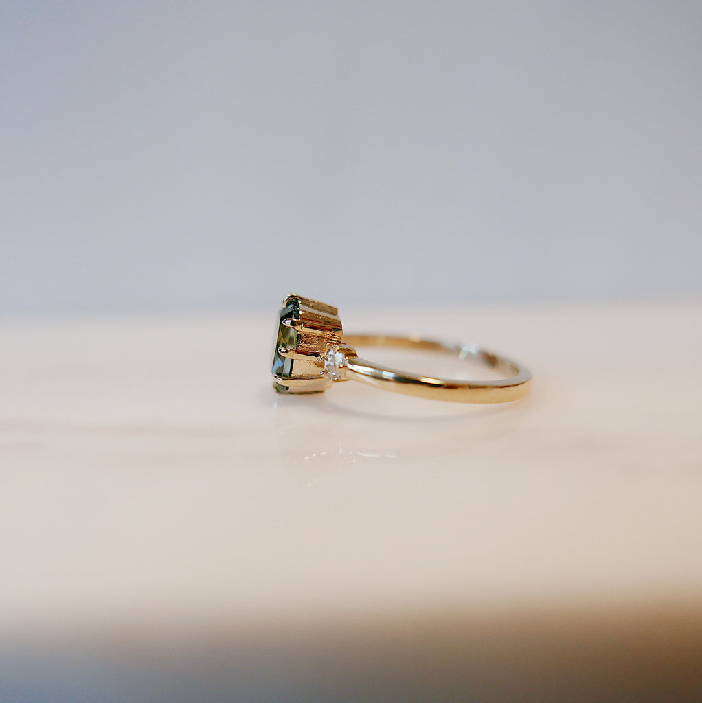 Maude Three Stone OOAK Tourmaline Ring, Cushion cut tourmaline and rosecut diamond ring,  green stone wedding ring, classic engagement ring