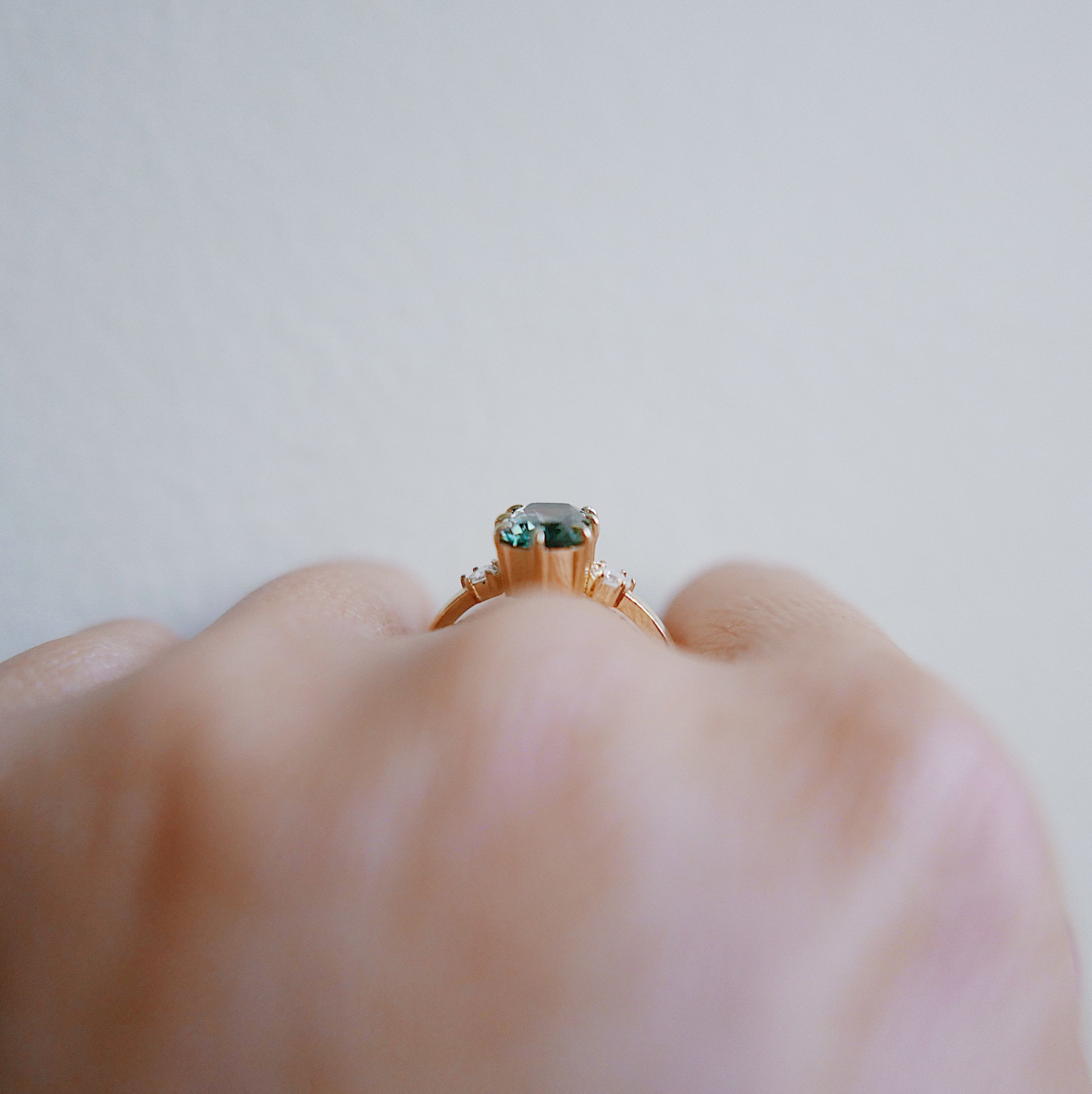 Maude Three Stone OOAK Tourmaline Ring, Cushion cut tourmaline and rosecut diamond ring,  green stone wedding ring, classic engagement ring