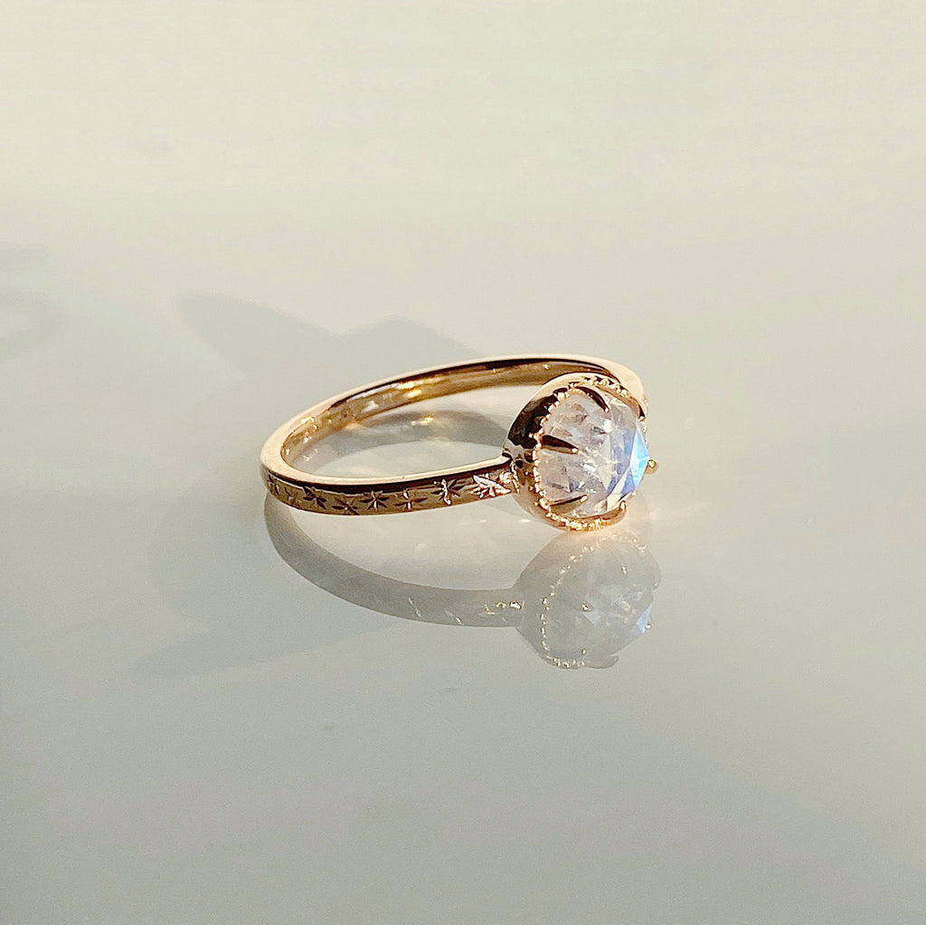 Starry night ring, Rosecut moonstone solitaire, Round Moonstone Ring with Star engraved Band
