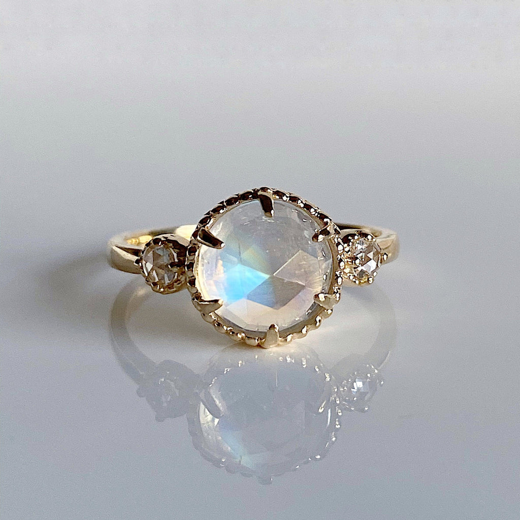 Celeste moonstone ring, Round Rosecut Moonstone Ring with diamond side stones, 3 stone ring