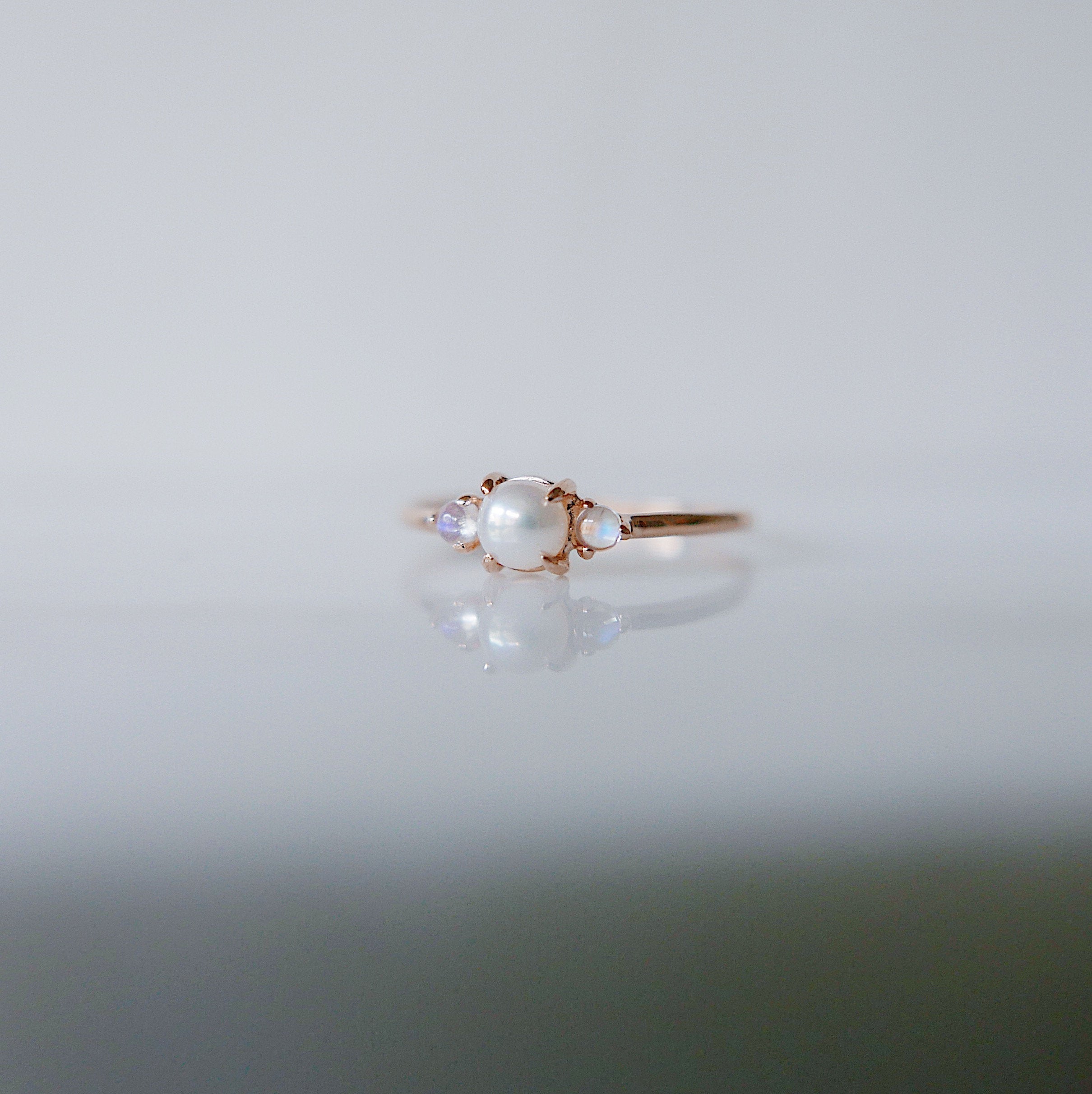 Penny Pearl three stone ring, three stone ring, pearl and moonstone ring, 14k gold pearl ring, 3 stone pearl ring, moonstone ring