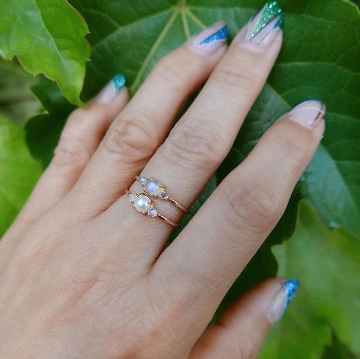 Penny Pearl three stone ring, three stone ring, pearl and moonstone ring, 14k gold pearl ring, 3 stone pearl ring, moonstone ring