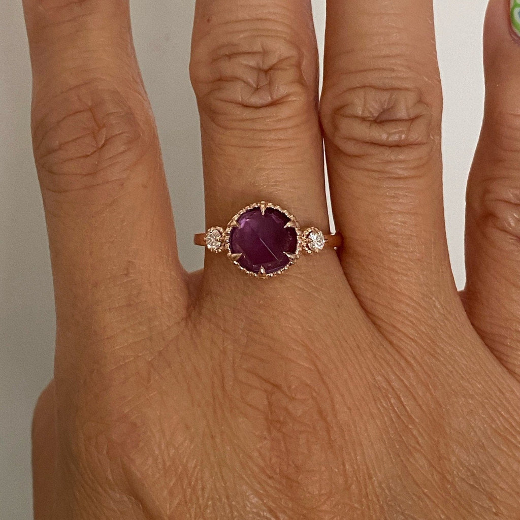 Celeste Rosecut amethyst and diamond ring, Statement amethyst and diamond Ring, 3 stone ring