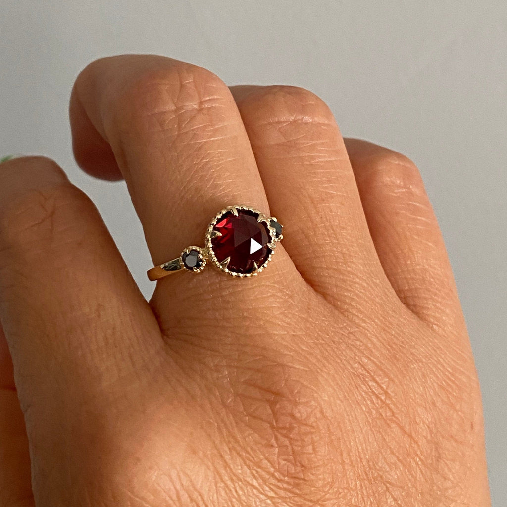 Celeste Rosecut garnet and black diamond ring, Statement garnet and diamond Ring, 3 stone ring