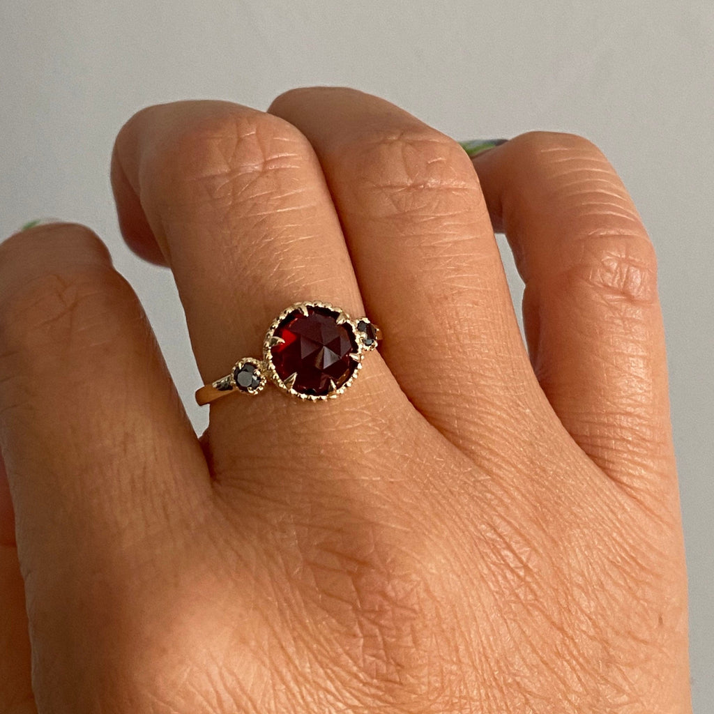 Celeste Rosecut garnet and black diamond ring, Statement garnet and diamond Ring, 3 stone ring