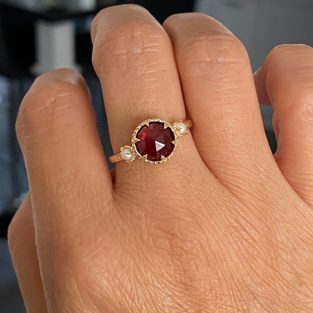 Celeste Rosecut garnet and pearl ring, Statement garnet  and pearl Ring, 3 stone ring
