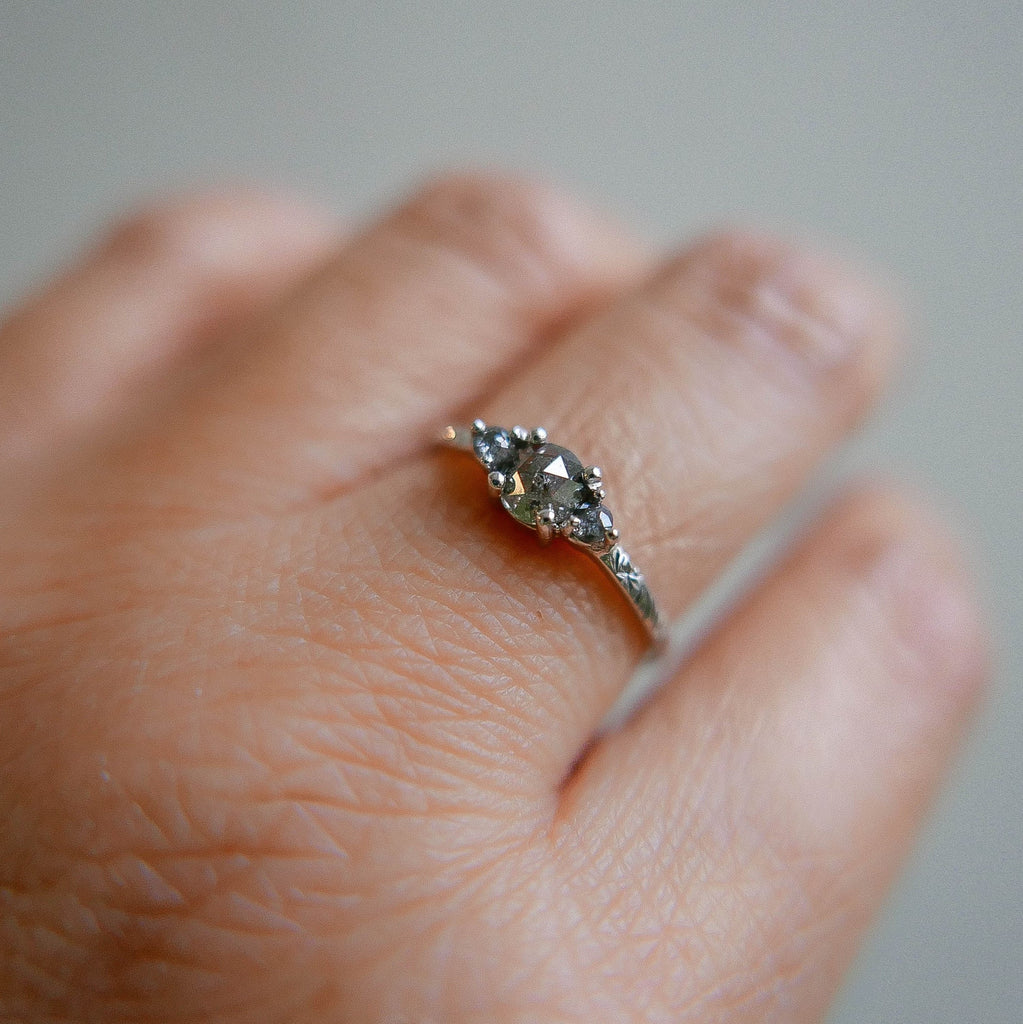 Penny Smoke Show RoseCut Diamond Engraved Ring, OOAK, alternative wedding, unique nontraditional engagement ring, raw diamond ring