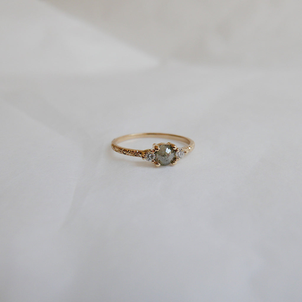Penny Earl Gray RoseCut Diamond Engraved Ring, OOAK, alternative wedding ring, unique non traditional engagement ring, raw diamond ring