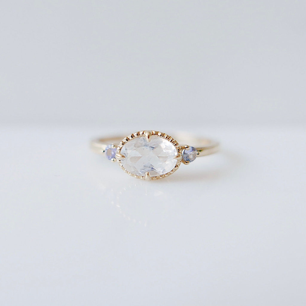 Dorothy Rainbow Moonstone Ring, 3 stone Rainbow Moonstone Ring with Tanzanites, Unique oval Moonstone Ring in Gold