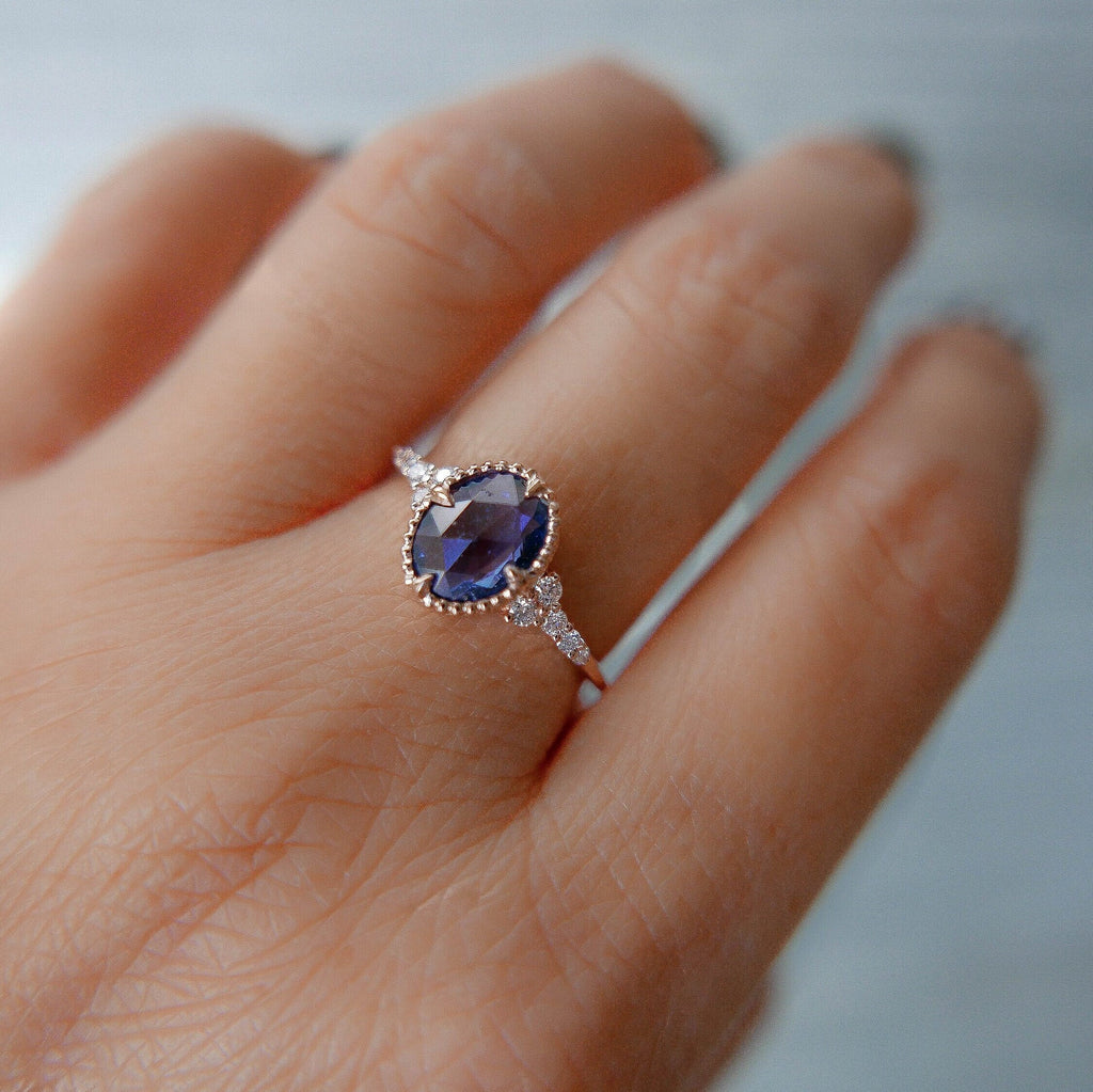 Stephanie Oval Rosecut Blue Sapphire, Blue Sapphire Ring, Blue Sapphire with Brilliant Diamonds, Rosecut Ring, Diamond Ring