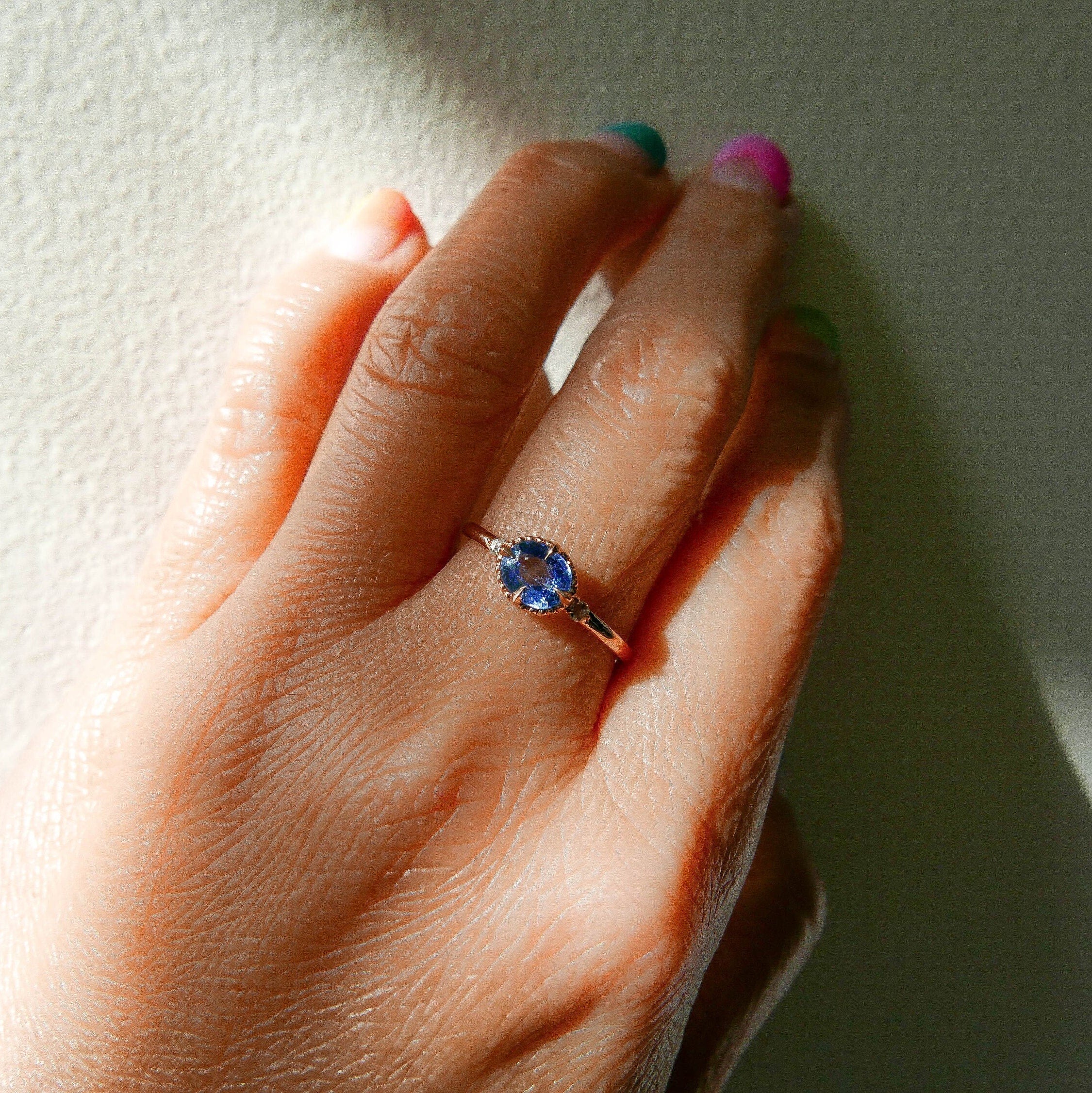 Azul Blue Sapphire Ring, 3 stone alternative wedding ring, unique non traditional engagement, 14k gold blue sapphire and Rosecutdiamond ring