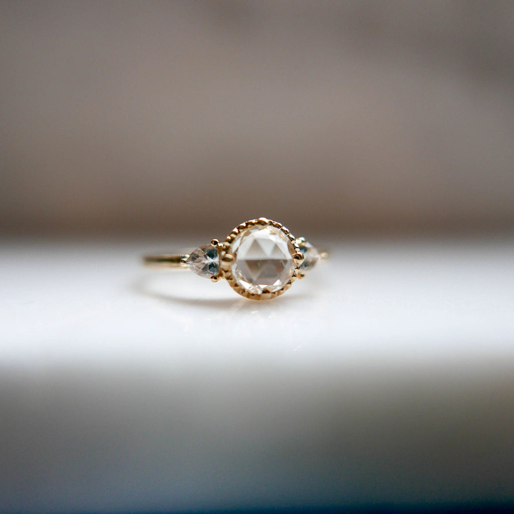 Bardot Rosecut White Sapphire Ring, 3 stone White Sapphire alternative engagement,  Classic Sapphire ring with trillions