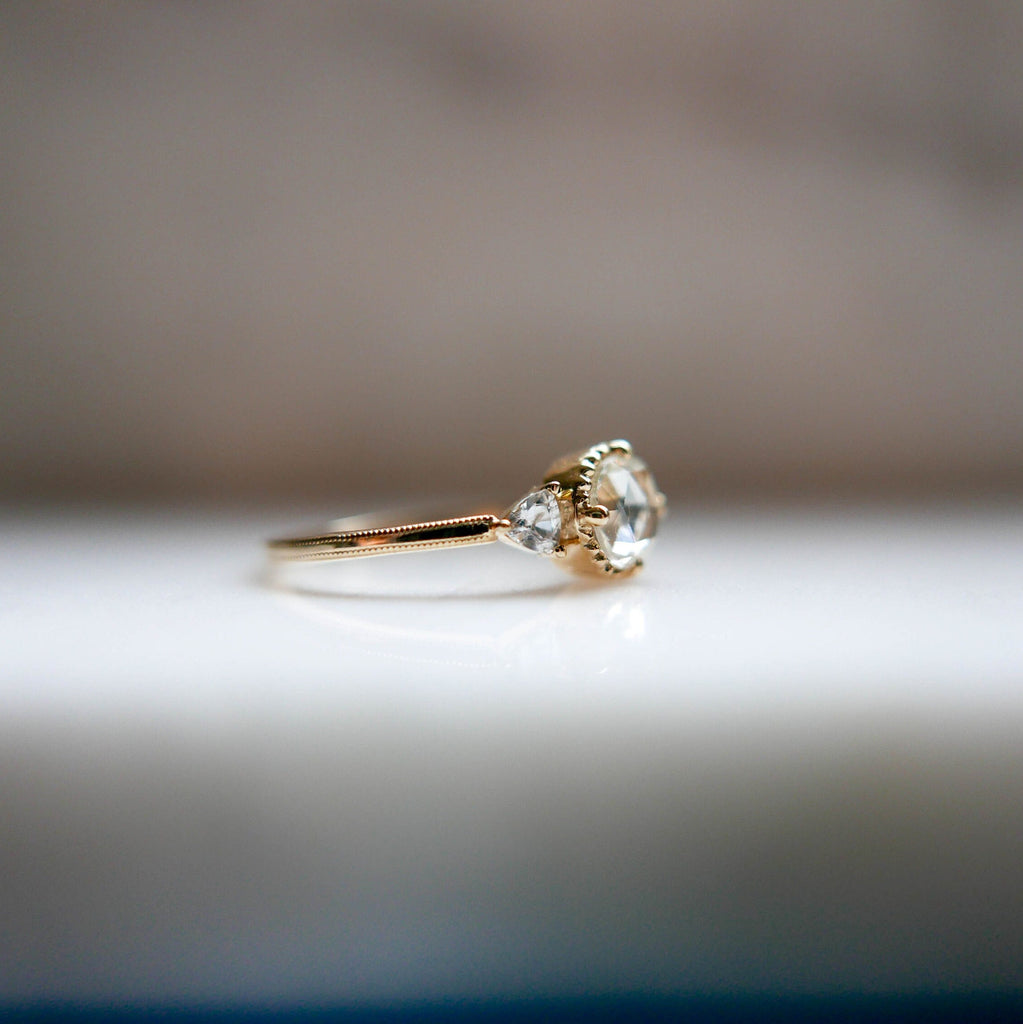 Bardot Rosecut White Sapphire Ring, 3 stone White Sapphire alternative engagement,  Classic Sapphire ring with trillions