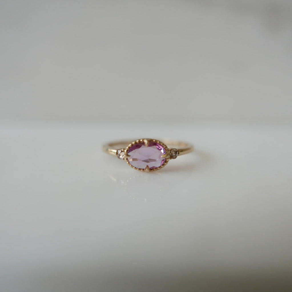 Dorothy One of A Kind Peony Pink Ring, Pink rosecut Sapphire Ring, Oval Sapphire and diamond Ring, Three stone Pink Ring