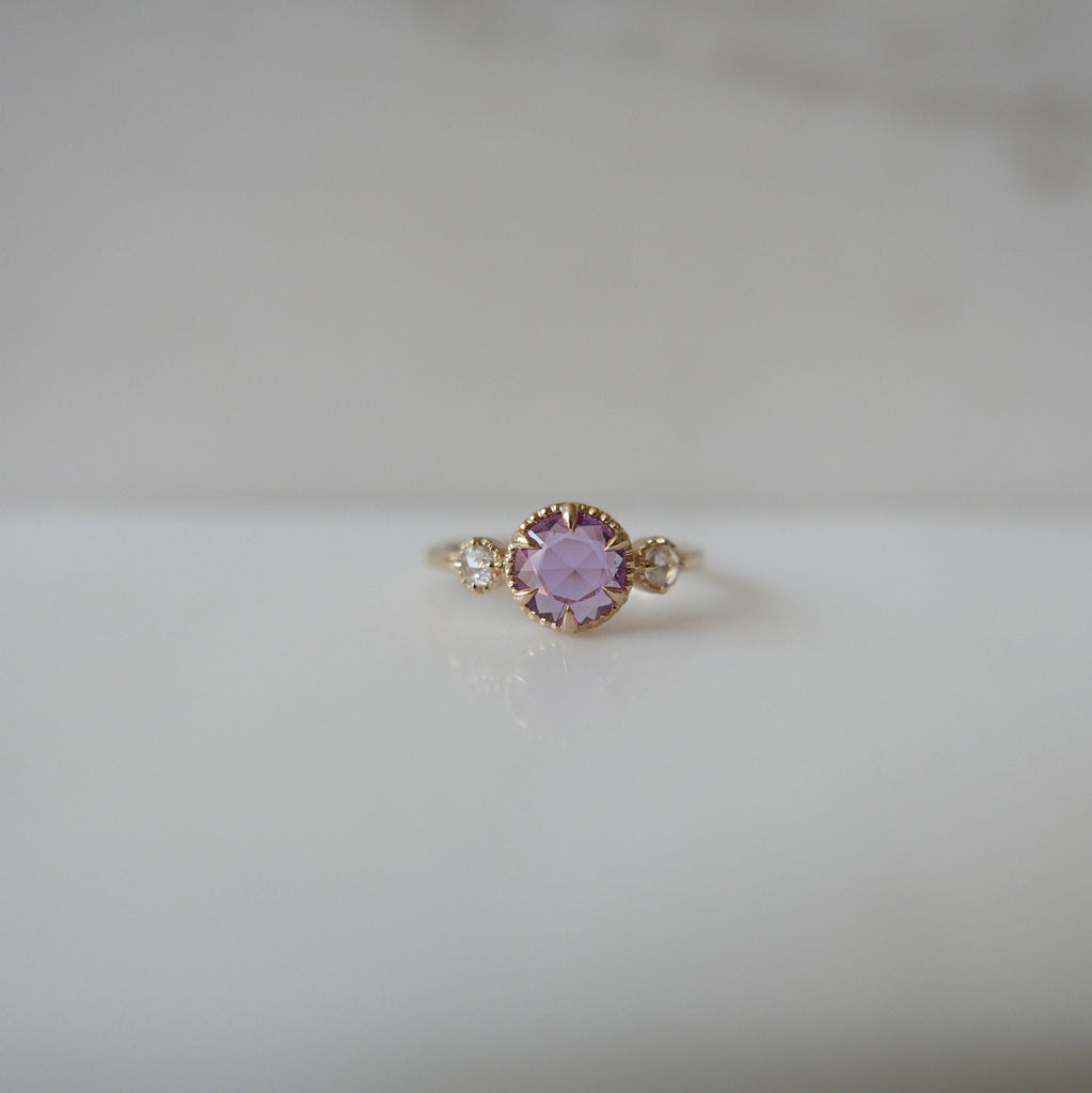 Celeste Violeta Ring OOAK, Dark Pink Rose Cut Sapphire Ring, 3 stone Sapphire and diamond Ring, One of A Kind rosecut sapphire ring
