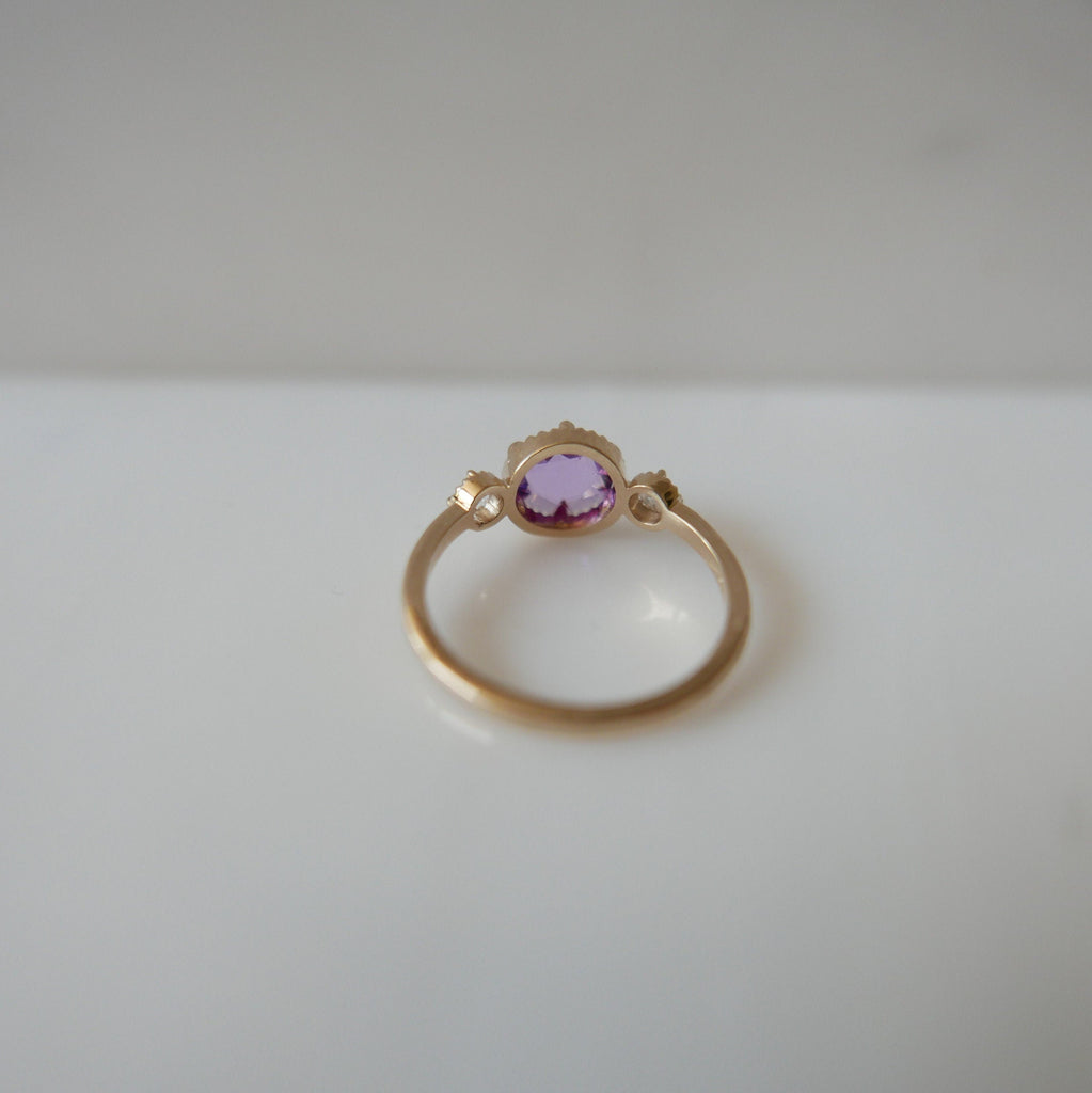 Celeste Violeta Ring OOAK, Dark Pink Rose Cut Sapphire Ring, 3 stone Sapphire and diamond Ring, One of A Kind rosecut sapphire ring