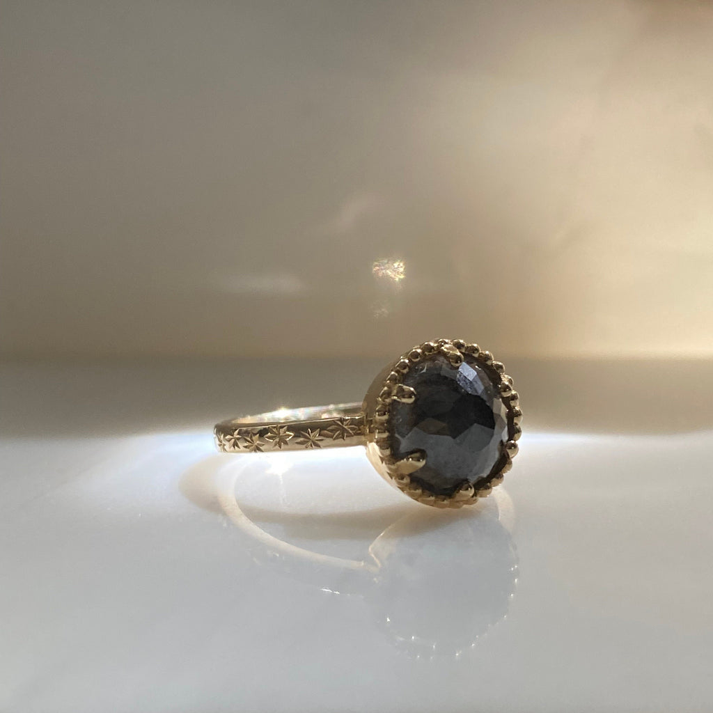 Starry Night Rustic Black Diamond Ring, one of a kind rosecut diamond ring, OOAK, black diamond Solitaire bezel ring with hand engraved band