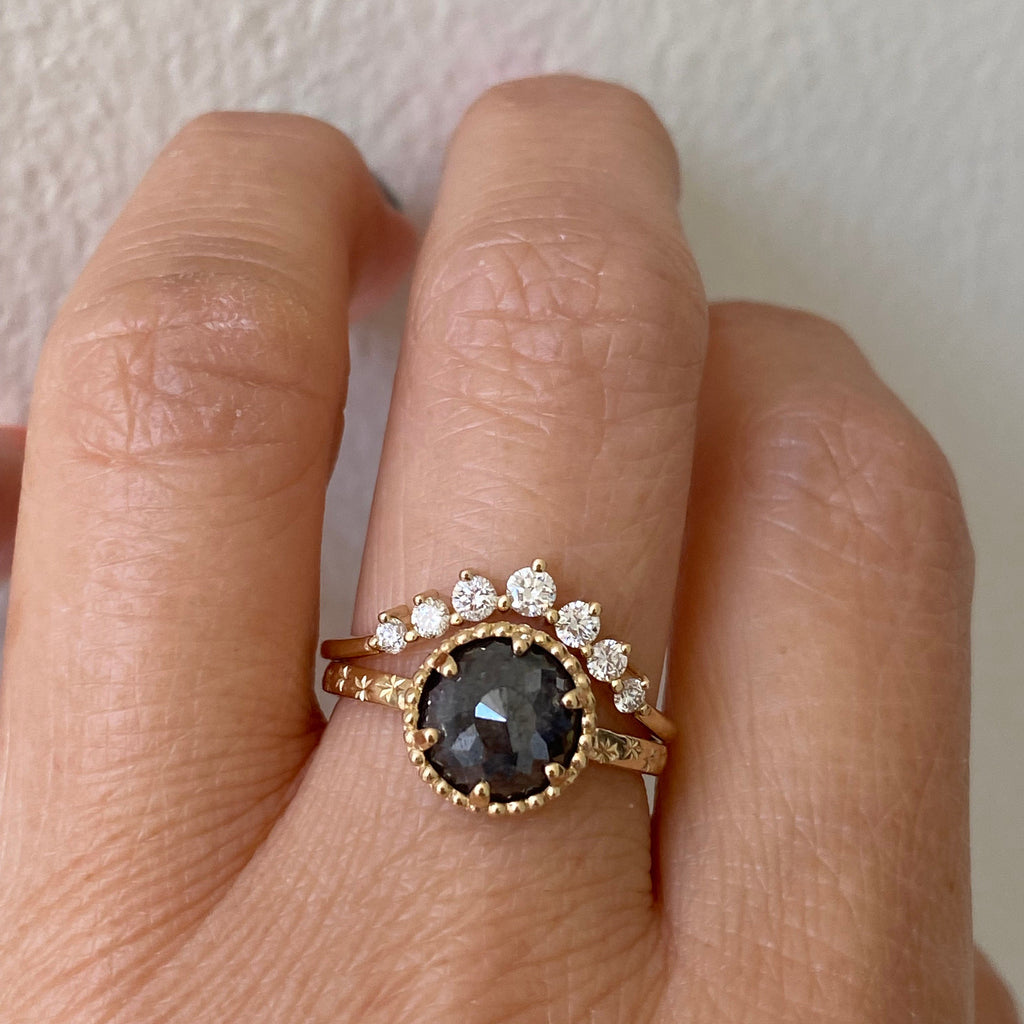 Starry Night Rustic Black Diamond Ring, one of a kind rosecut diamond ring, OOAK, black diamond Solitaire bezel ring with hand engraved band