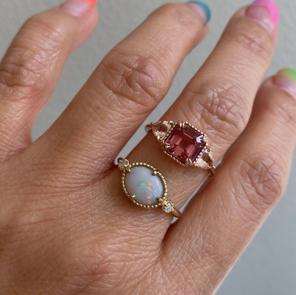 Dorothy Large Opal Funfetti, 3 stone Opal and diamond statement Ring, One of A Kind Opal Ring, Australian Opal Ring