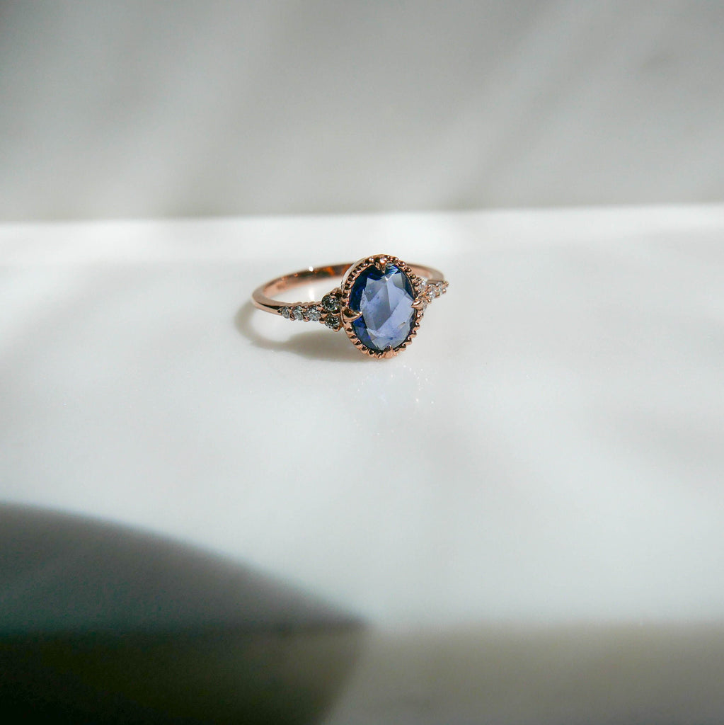 Stephanie Oval Rosecut Blue Sapphire, Blue Sapphire Ring, Blue Sapphire with Brilliant Diamonds, Rosecut Ring, Diamond Ring