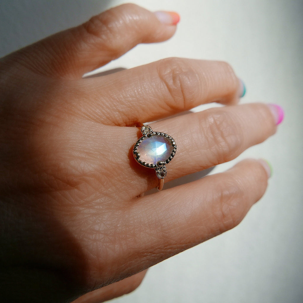 Through the Looking Glass Moonstone Ring,Rosecut Moonstone and Rosecut Diamond engagement Ring, 14k rainbow moonstone ring