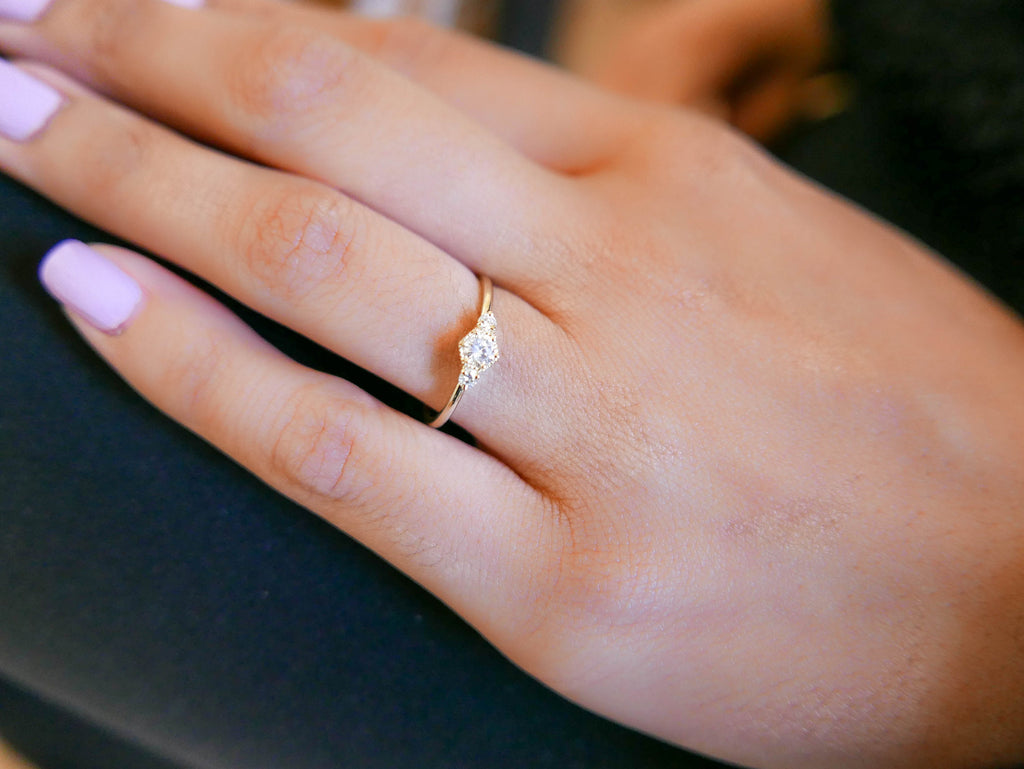 Harlow Diamond Ring, three stone Diamond ring, 14k Diamond engagement ring, Art deco inspired Diamond ring with diamond sides