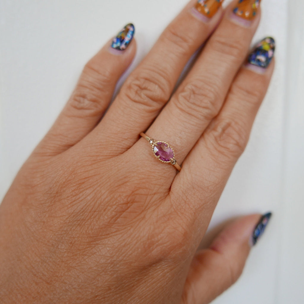 Dorothy One of A Kind Peony Pink Ring, Pink rosecut Sapphire Ring, Oval Sapphire and diamond Ring, Three stone Pink Ring